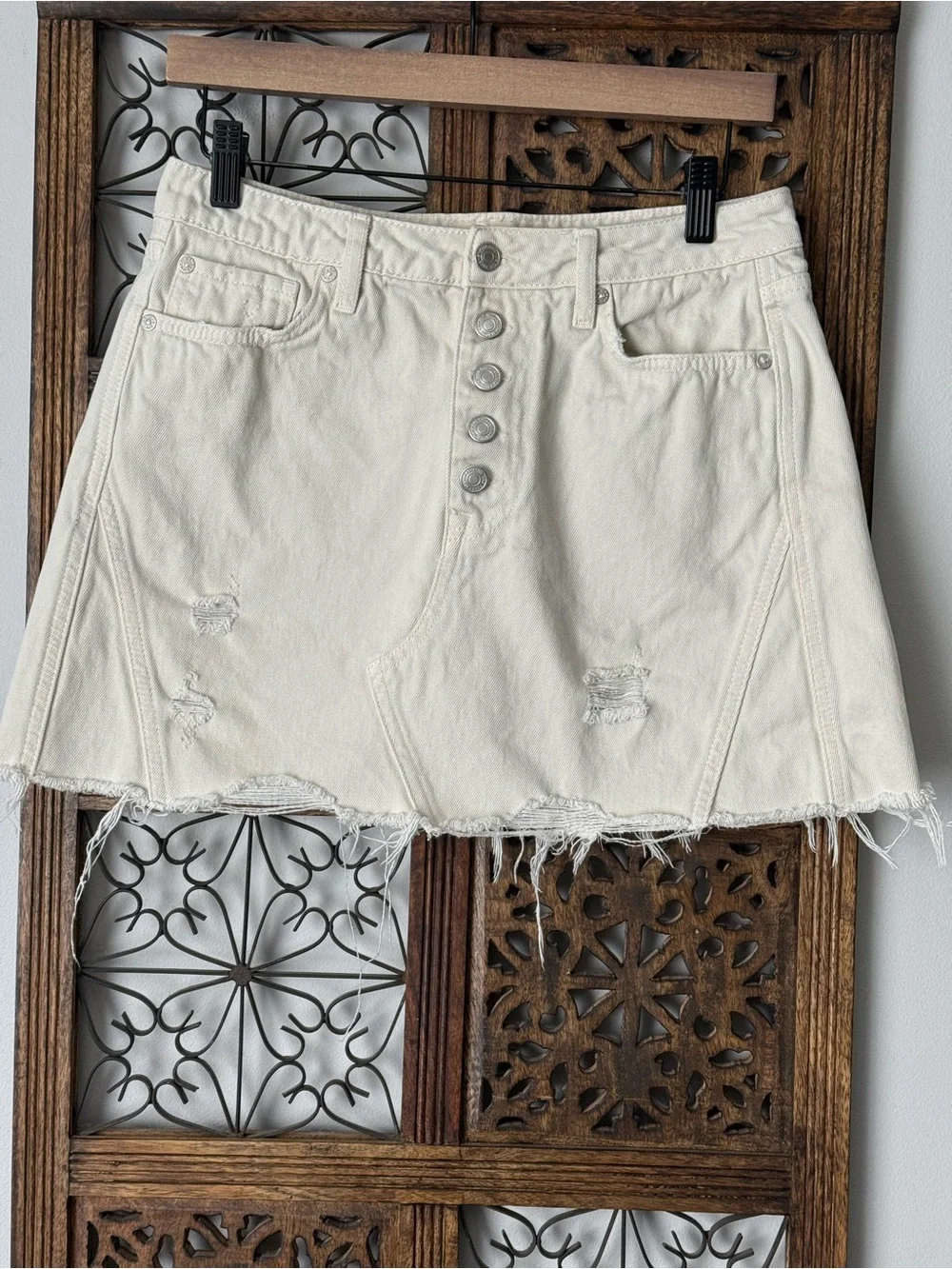 We the Free Cream Distressed Button-Front Denim Mini Skirt